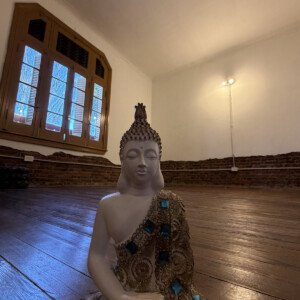 Salón de Eirá con piso de madera y figura de Buda, ideal para yoga y meditación
